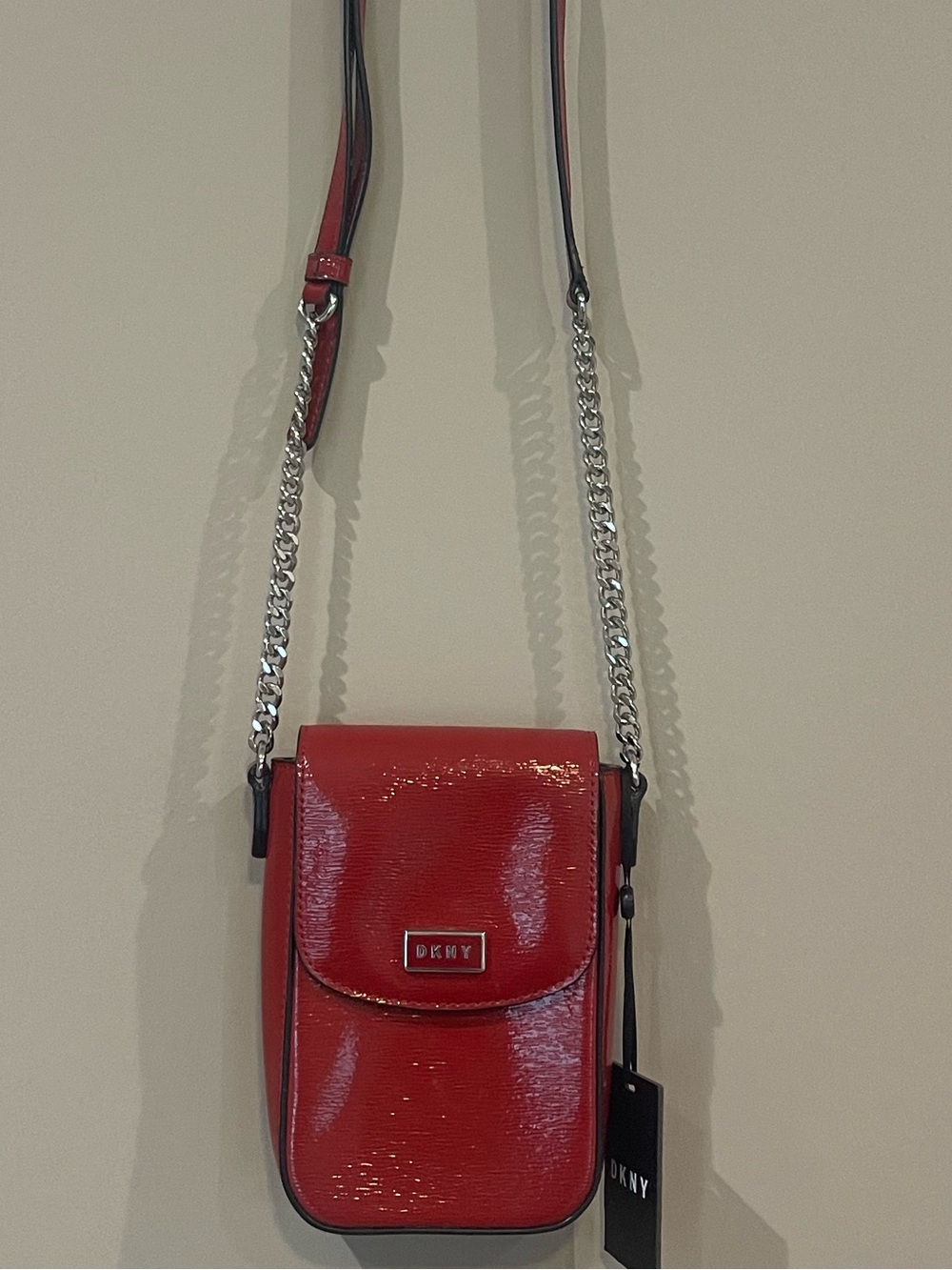 DKNY Red Patent Crossbody Phone Pouch with Silver Chain